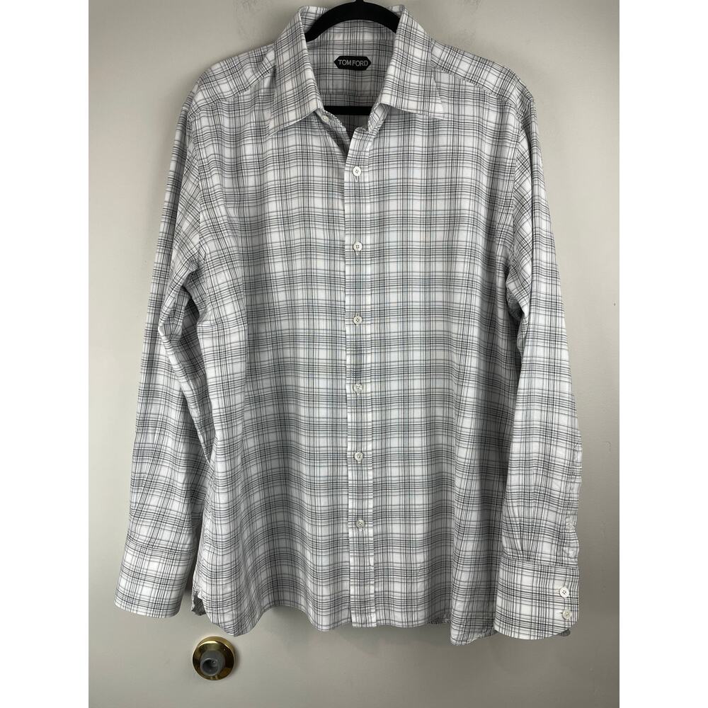 TOM FORD Grey White Plaid Check Cotton Dress Shirt Men's 46 / 18 XXL